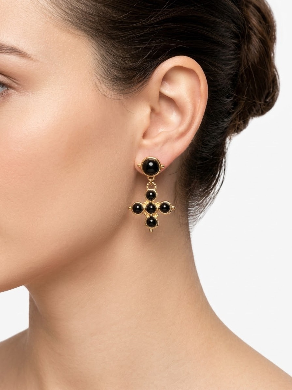 Gold Cross Drop Earrings with Black Stones - Women Jewelry